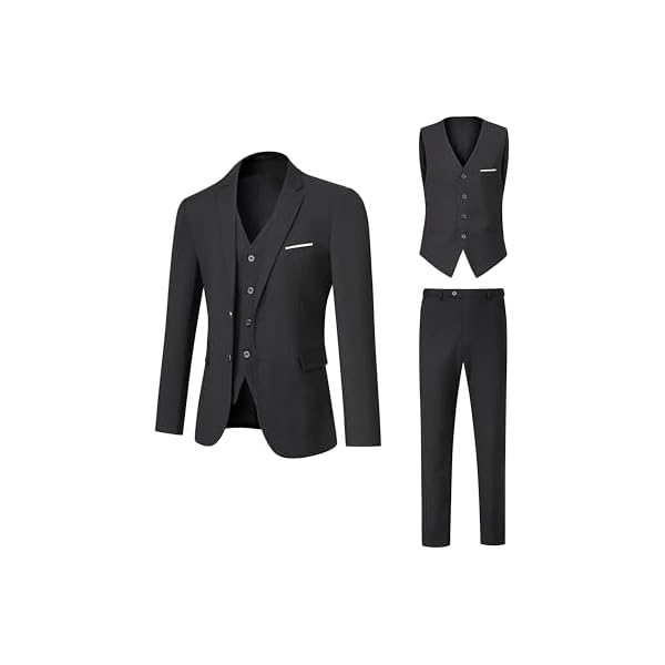 Men's Suit 3 Piece Slim Fit Suit Set, Two Button Solid Jacket Vest Pants with Tie, Men Tuxedo Suit Set