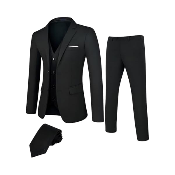 DEETRUST Men's 3 Piece Slim Fit Suit Set, 2 Button Blazer Jacket Vest Pants with Tie, Mens Suit for Party, Wedding & Business