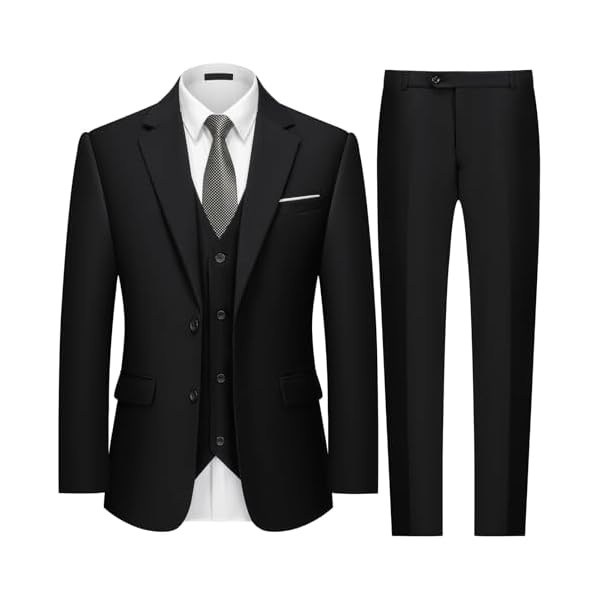 Mens Two Button 3-Piece Suits Slim Fit Tuxedo Set with Blazer Jacket Vest & Pants for Wedding Prom Business