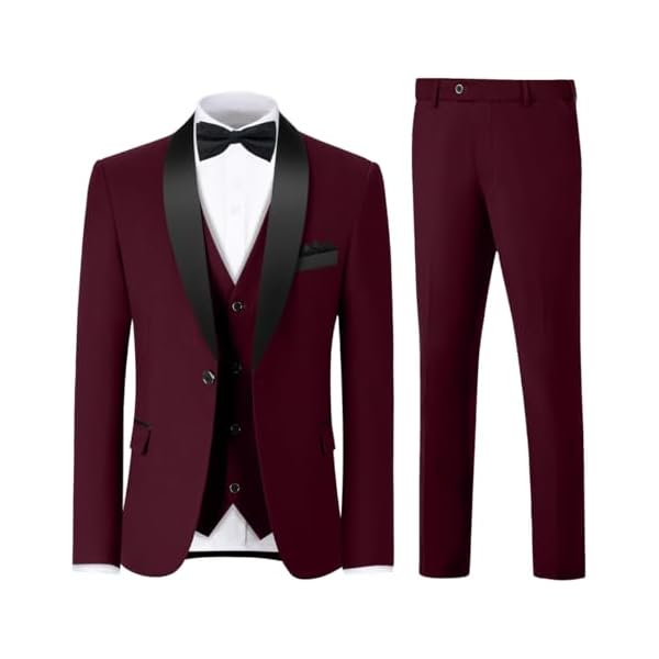 Men's 3 Piece Slim Fit Suit One Button Shawl Lapel Jacket Vest Pants Tuxedo Set with Bow Tie Pocket Square