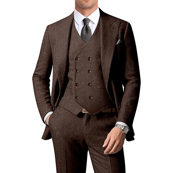 Men's Suits Herringbone Tweed Suits for Men Retro 3 Piece Peak Lapel Blazer Wedding Prom Suit Jacket Vest Pants Set