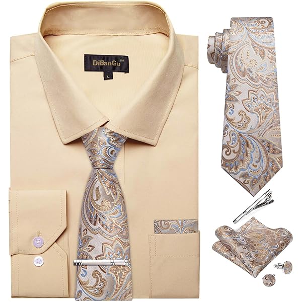 Mens Long Sleeve Dress Shirt and Tie Set Casual Botton Down Shirts for Men Solid Business Shirt with Matching Tie