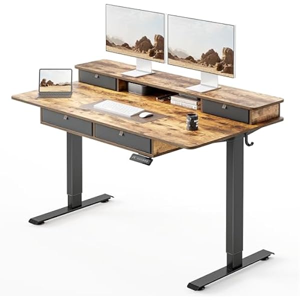 55 x 30 inch Electric Standing Desk Adjustable Height with 4 Drawers, Sit Stand Desk, Home Office Stand Up Table with 4 Height-Adjustable Feets & 2 Hooks,Rustic Brown Top, 55 inch