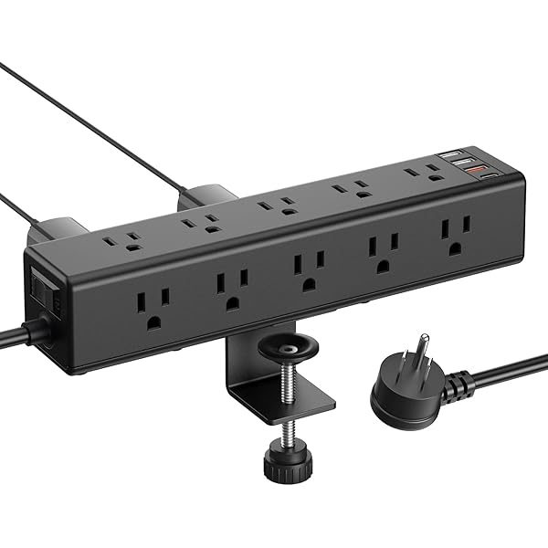 Standing Desk Clamp Power Strip with 15 Outlets, Widely Spaced Desktop Edge Mount Surge Protector Outlet, Fast Charging USB-A and USB-C Ports, 6 FT Flat Plug, Black Fit 1.6 inch Table top.